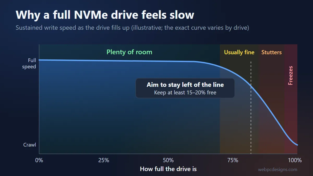 Chart showing NVMe drive speed staying at full speed until the drive is about 70% full, then dropping sharply above 85% full, with a recommendation to keep at least 15 to 20 percent free.