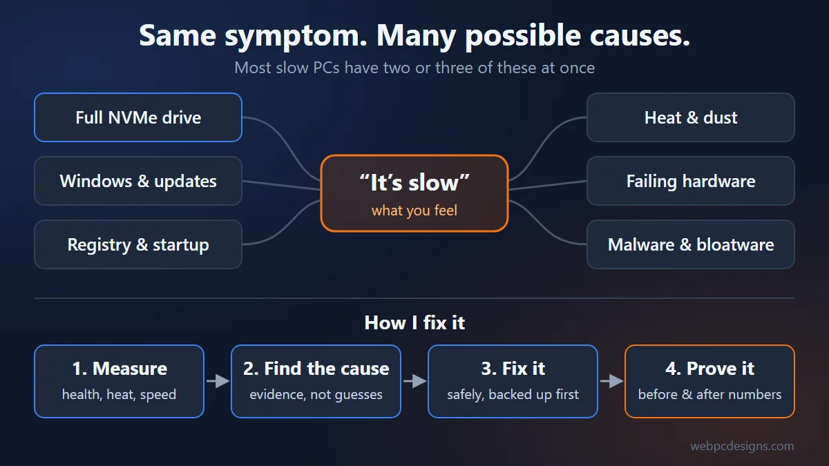 Diagram: six possible causes of a slow PC (full NVMe drive, Windows and updates, registry and startup items, heat and dust, failing hardware, malware and bloatware) all lead to the same symptom. Below it, the four-step fix process: measure, find the cause, fix it safely, prove it with before and after numbers.