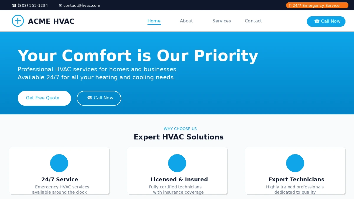 HVAC Business Website Template - Modern responsive design with blue gradient and professional layout