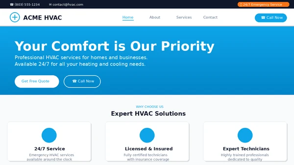 HVAC Business Website Template - Modern responsive design with blue gradient and professional layout