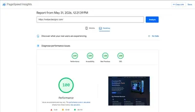 WebPCDesigns.com achieving a perfect 100/100 score in all four Google PageSpeed Insights categories — Performance, Accessibility, Best Practices, and SEO