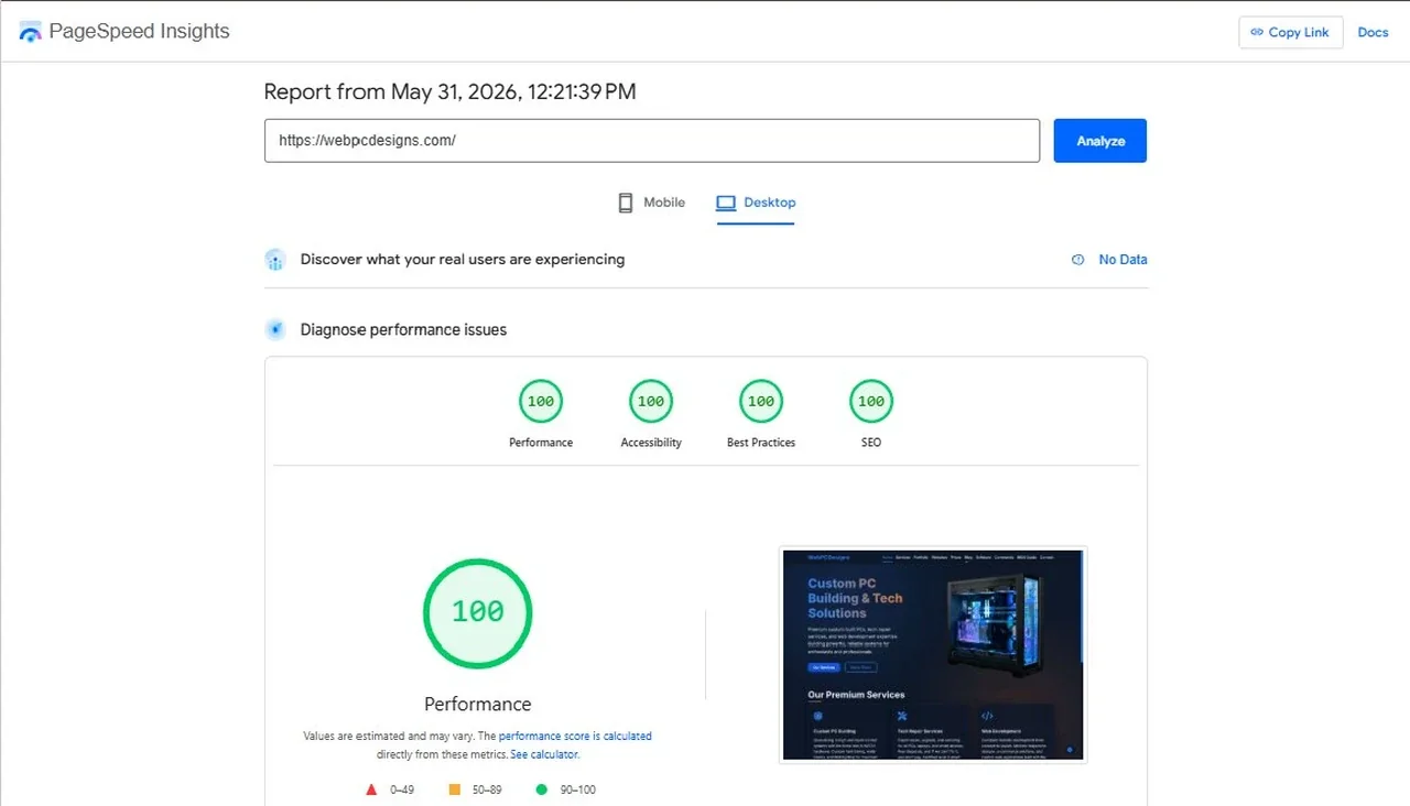 WebPCDesigns.com achieving a perfect 100/100 score in all four Google PageSpeed Insights categories — Performance, Accessibility, Best Practices, and SEO